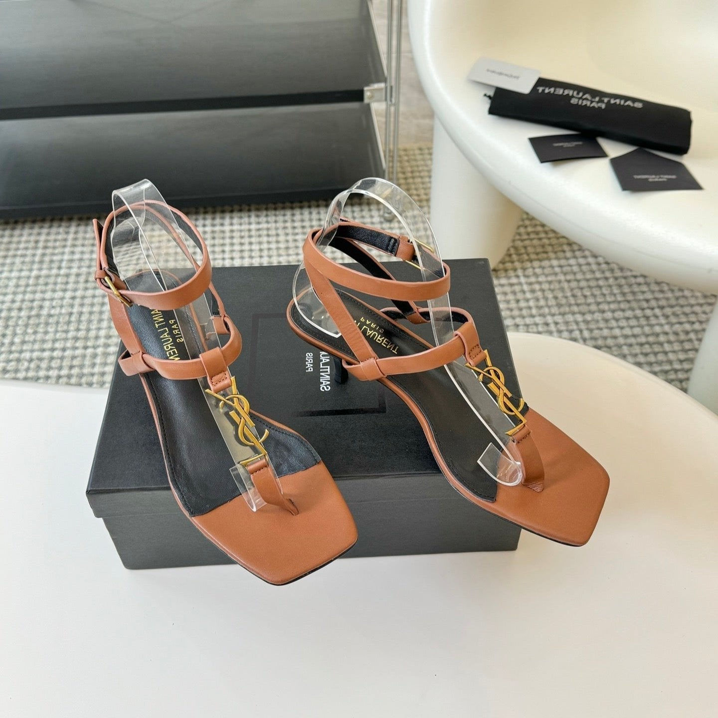 Luxury Saint Laurent SL CASSANDRA MID-HEEL SANDAL CIDER CALFSKIN