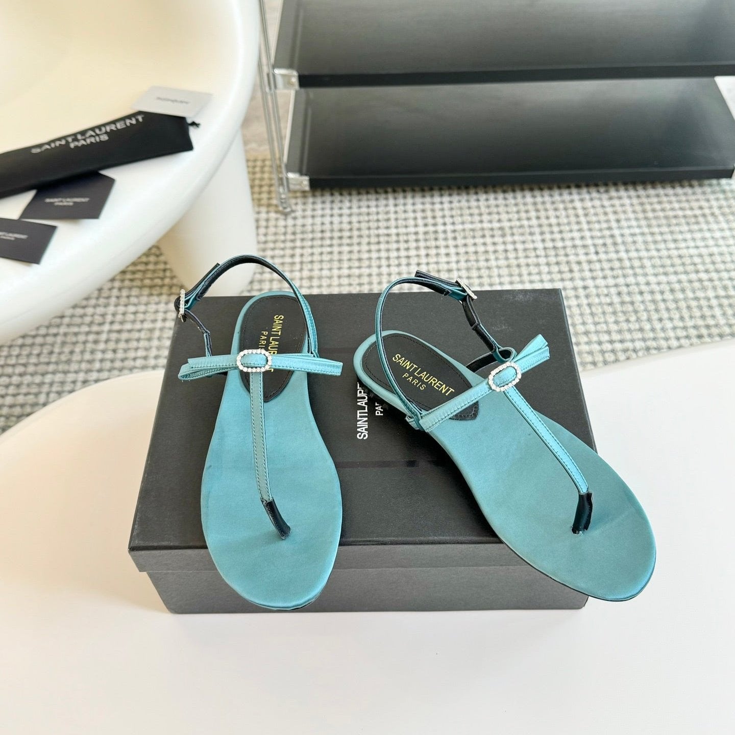 Luxury Saint Laurent SL CRYSTAL T-STRAP FLAT SANDAL SAPPHIRE SATIN