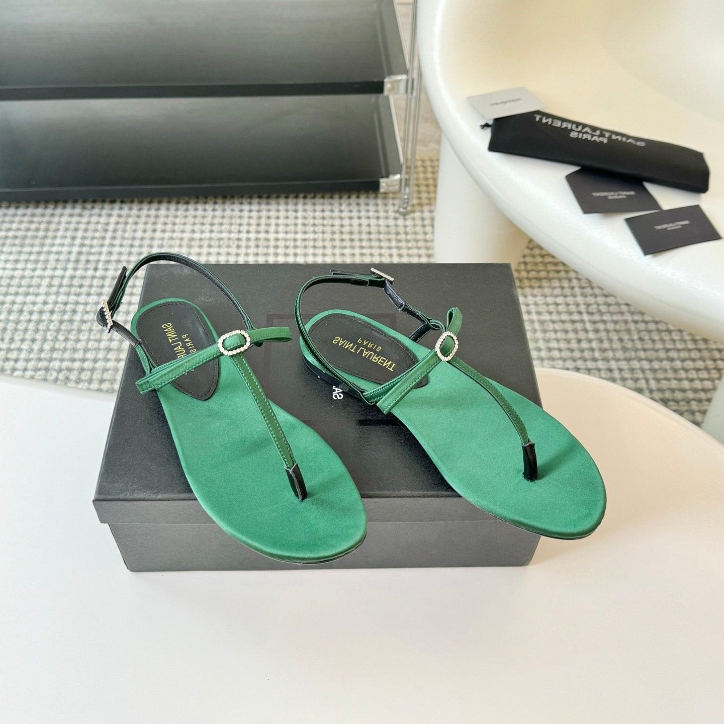 Luxury Saint Laurent SL CRYSTAL T-STRAP FLAT SANDAL DARK GREEN SATIN