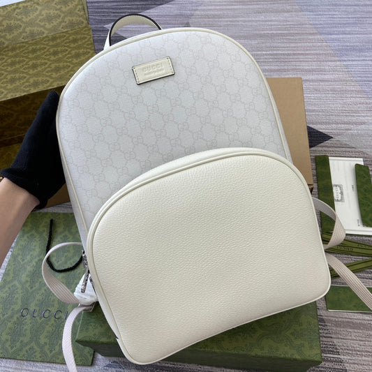 Luxury Gucci MEDIUM 40 GG BACKPACK WITH TAG WHITE CALFSKIN AND CANVAS