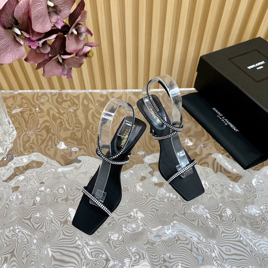 Luxury Saint Laurent NUIT SANDALS 85 IN BLACK CREPE SATIN AND WHITE RHINESTONES