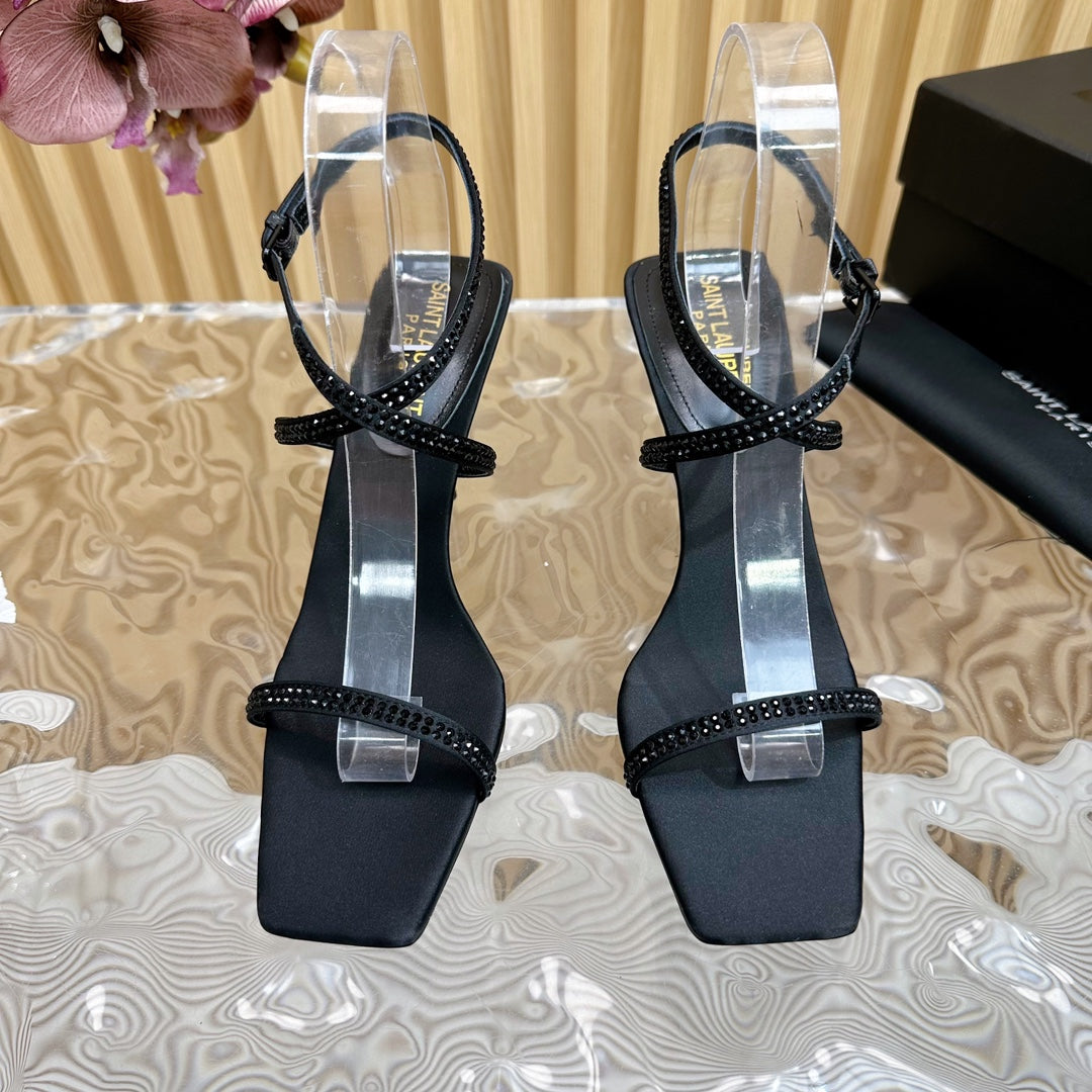 Luxury Saint Laurent NUIT SANDALS 85 IN BLACK CREPE SATIN AND BLACK RHINESTONES