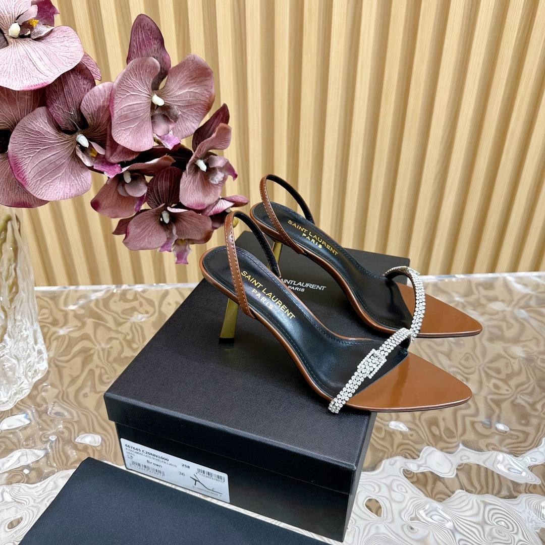 Luxury Saint Laurent RENDEZ-VOUS SANDALS 70 IN SATIN CREPE BROWN LEATHER
