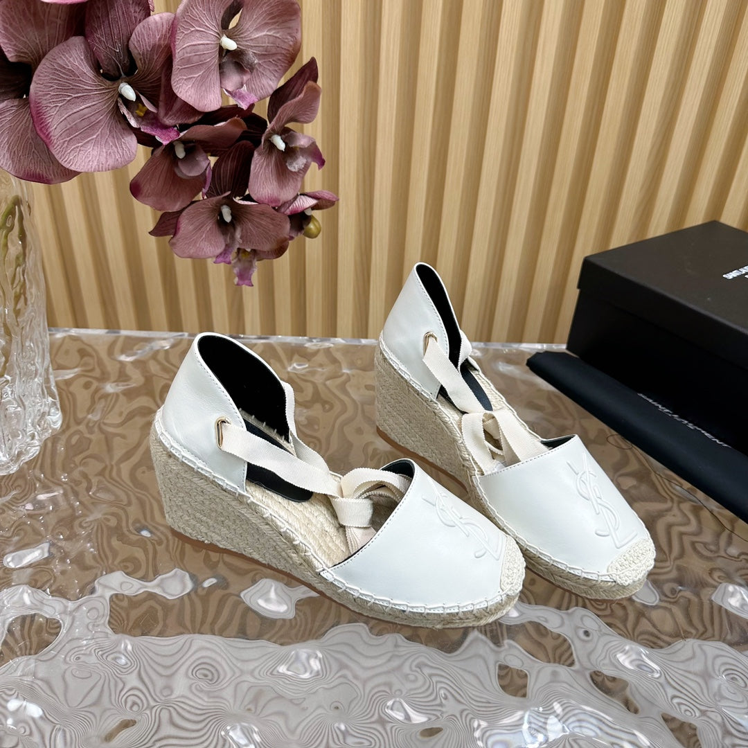 Luxury Saint Laurent SL WEDGE SANDALS WHITE CALFSKIN AND STRAW
