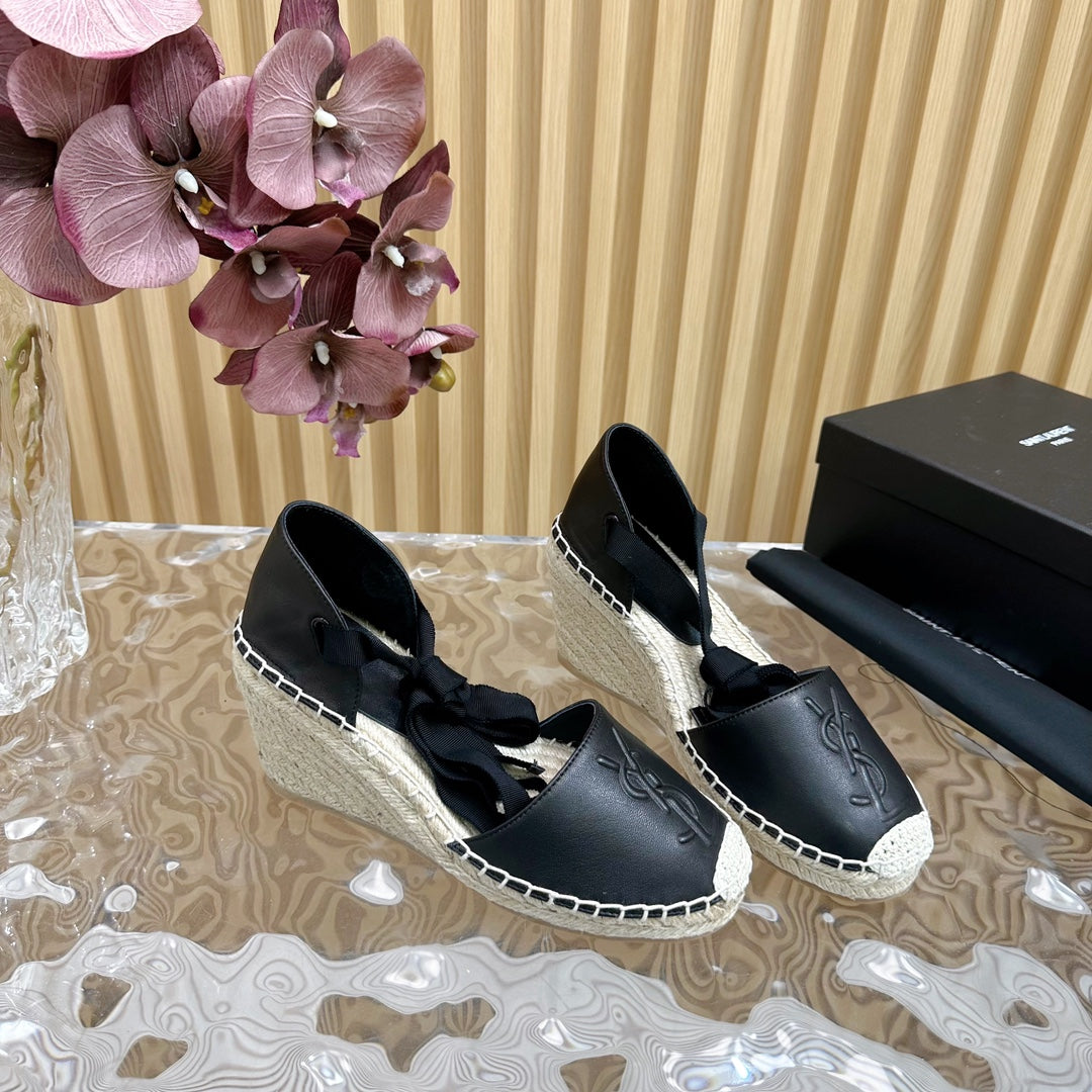 Luxury Saint Laurent SL WEDGE SANDALS BLACK CALFSKIN AND STRAW