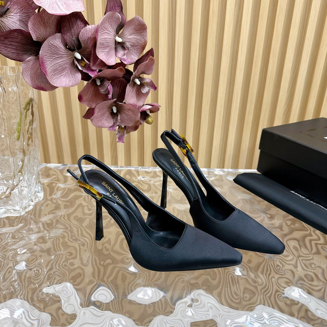 Luxury Saint Laurent SL DUNE SLINGBACK PUMPS BLACK SATIN