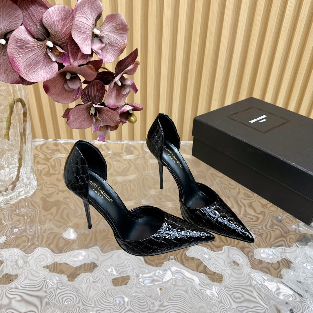 Luxury Saint Laurent SL CROCODILE-EFFECT STILETTO PUMP BLACK CALFSKIN