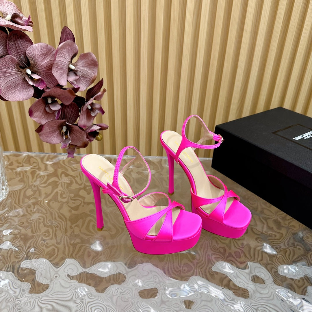 Luxury Saint Laurent DEBBIE PLATFORM SANDALS IN HOT PINK SILK