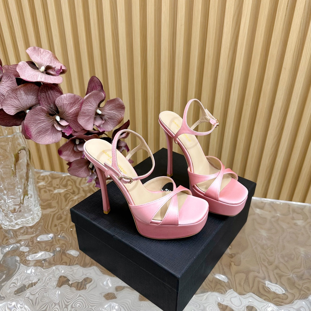 Luxury Saint Laurent DEBBIE PLATFORM SANDALS IN PALE PINK SILK