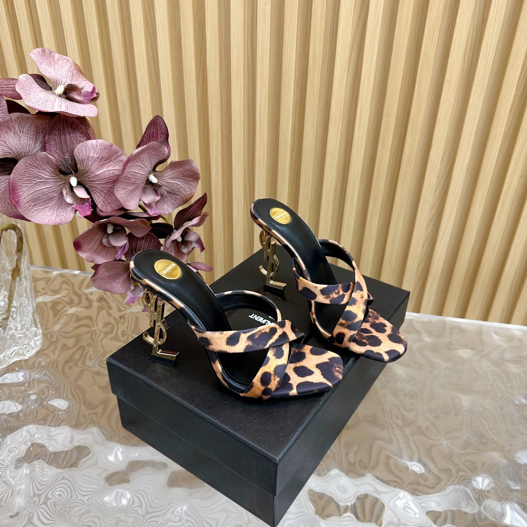 Luxury Saint Laurent OPYUM 10 CM HIGH MULES IN LEOPARD PRINT SILK
