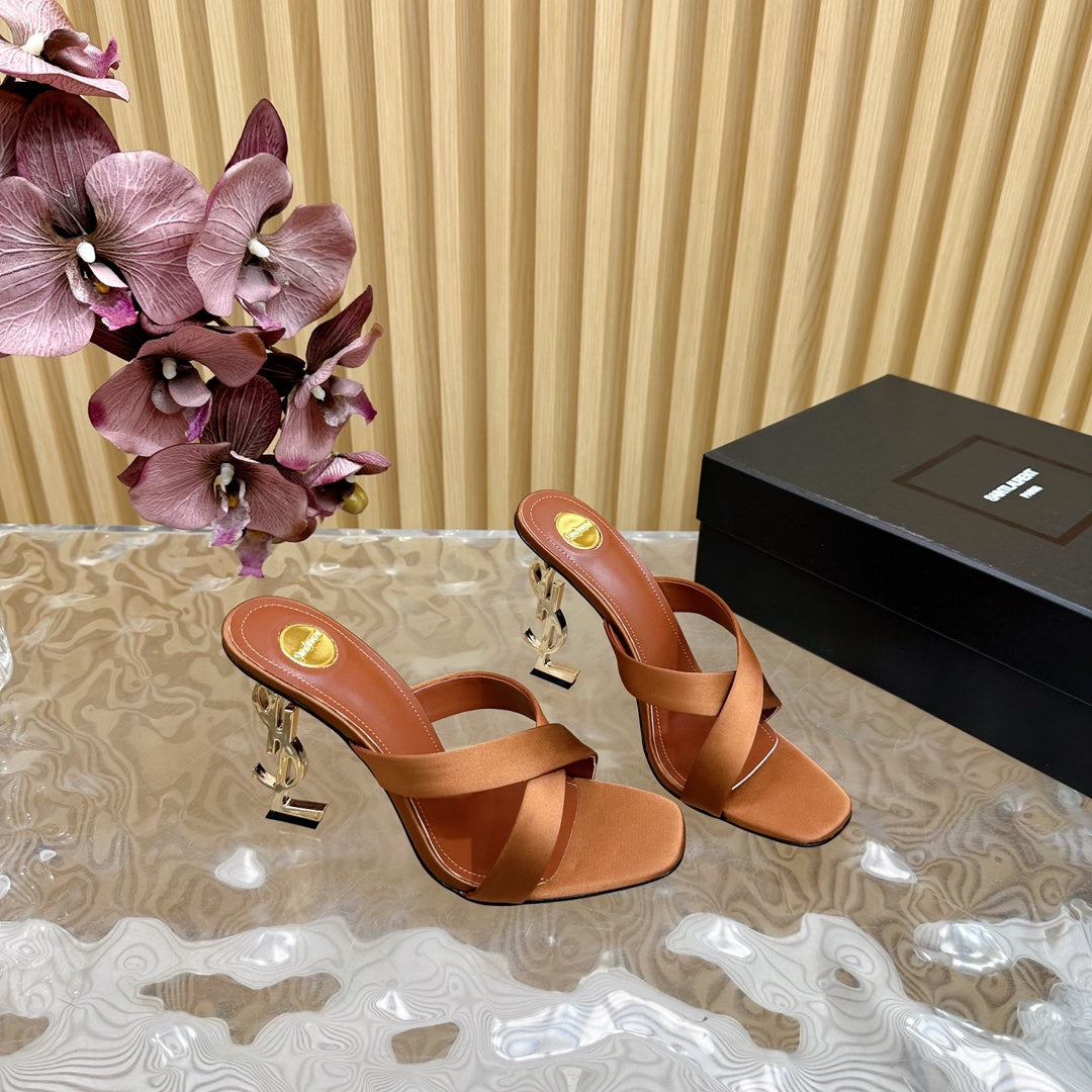 Luxury Saint Laurent OPYUM 10 CM HIGH MULES IN BROWNIE SILK