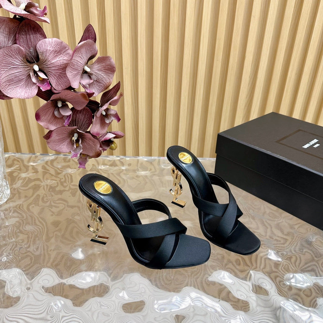 Luxury Saint Laurent OPYUM 10 CM HIGH MULES IN BLACK SILK