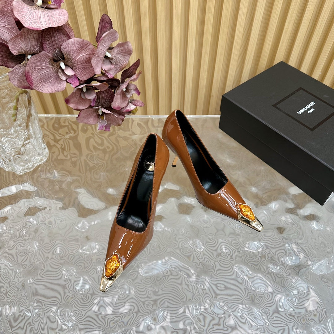 Luxury Saint Laurent ORANGE GEM-STUDDED HIGH PUMPS IN BRONZE BROWN PATENT CALFSKIN