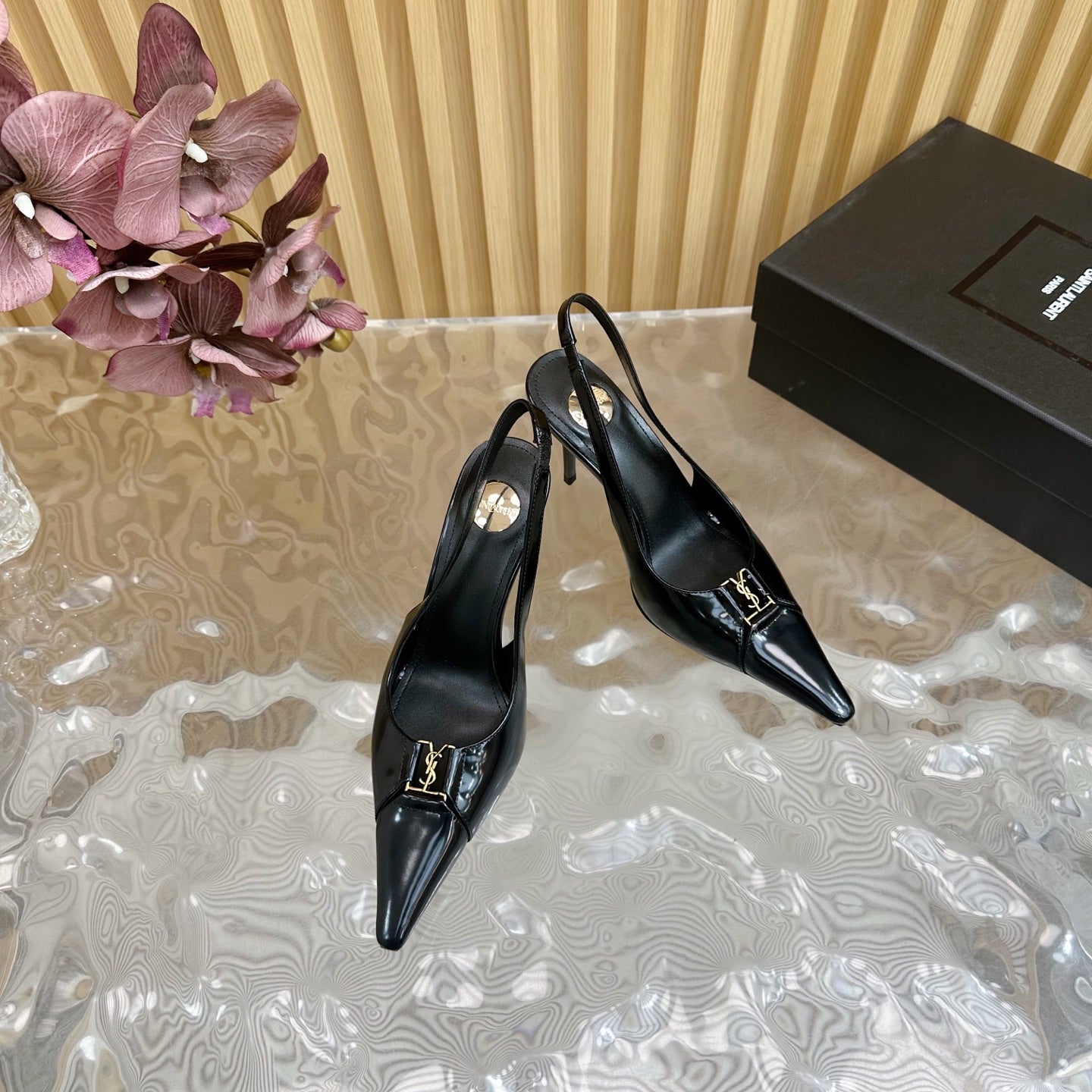Luxury Saint Laurent BABYLONE SLINGBACK PUMPS IN BLACK GLOSSY CALFSKIN