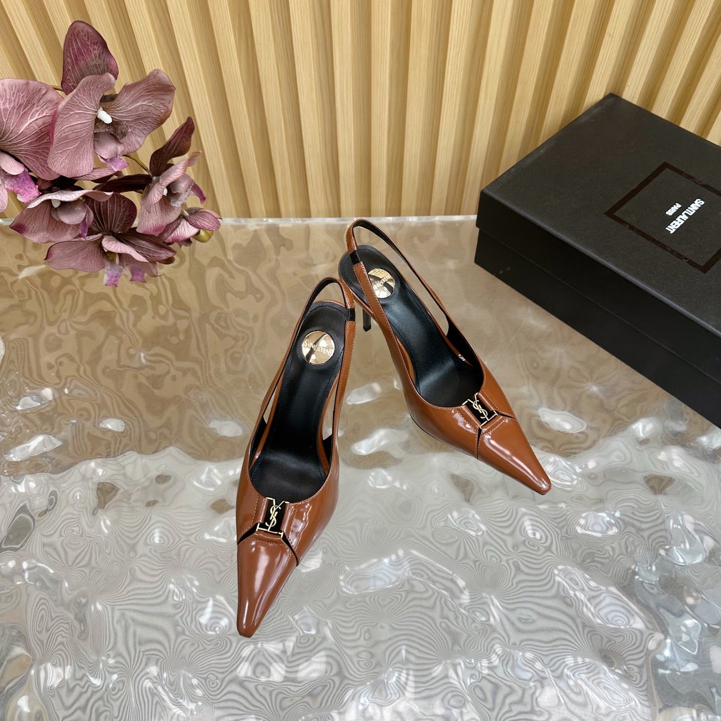 Luxury Saint Laurent BABYLONE SLINGBACK PUMPS IN BRONZE ORANGE GLOSSY CALFSKIN