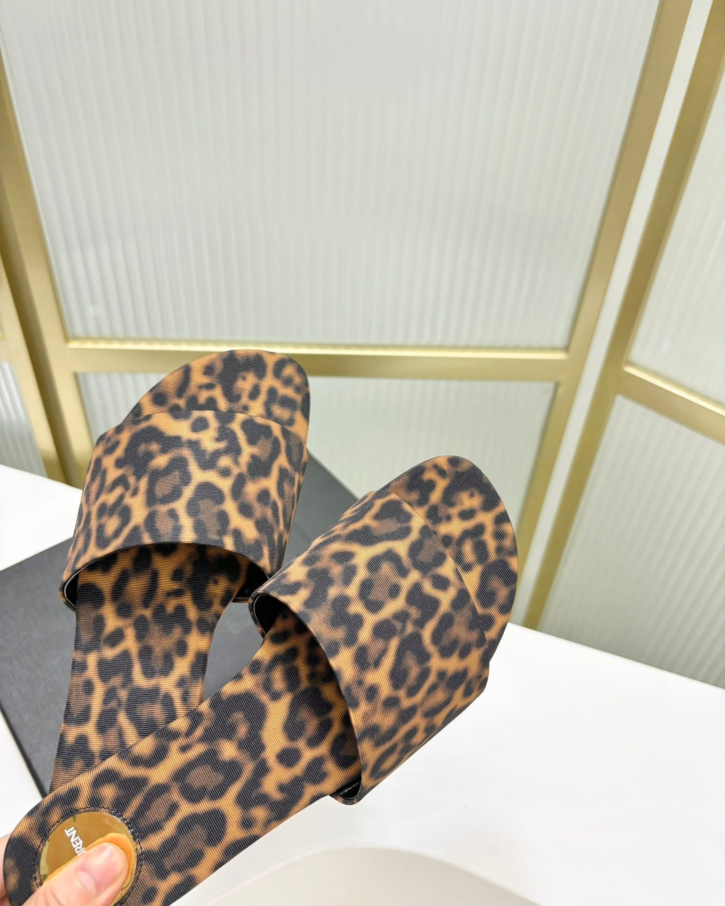 Luxury Saint Laurent CARLYLE SLIDES IN LEOPARD GROSGRAIN BLACK GOLD