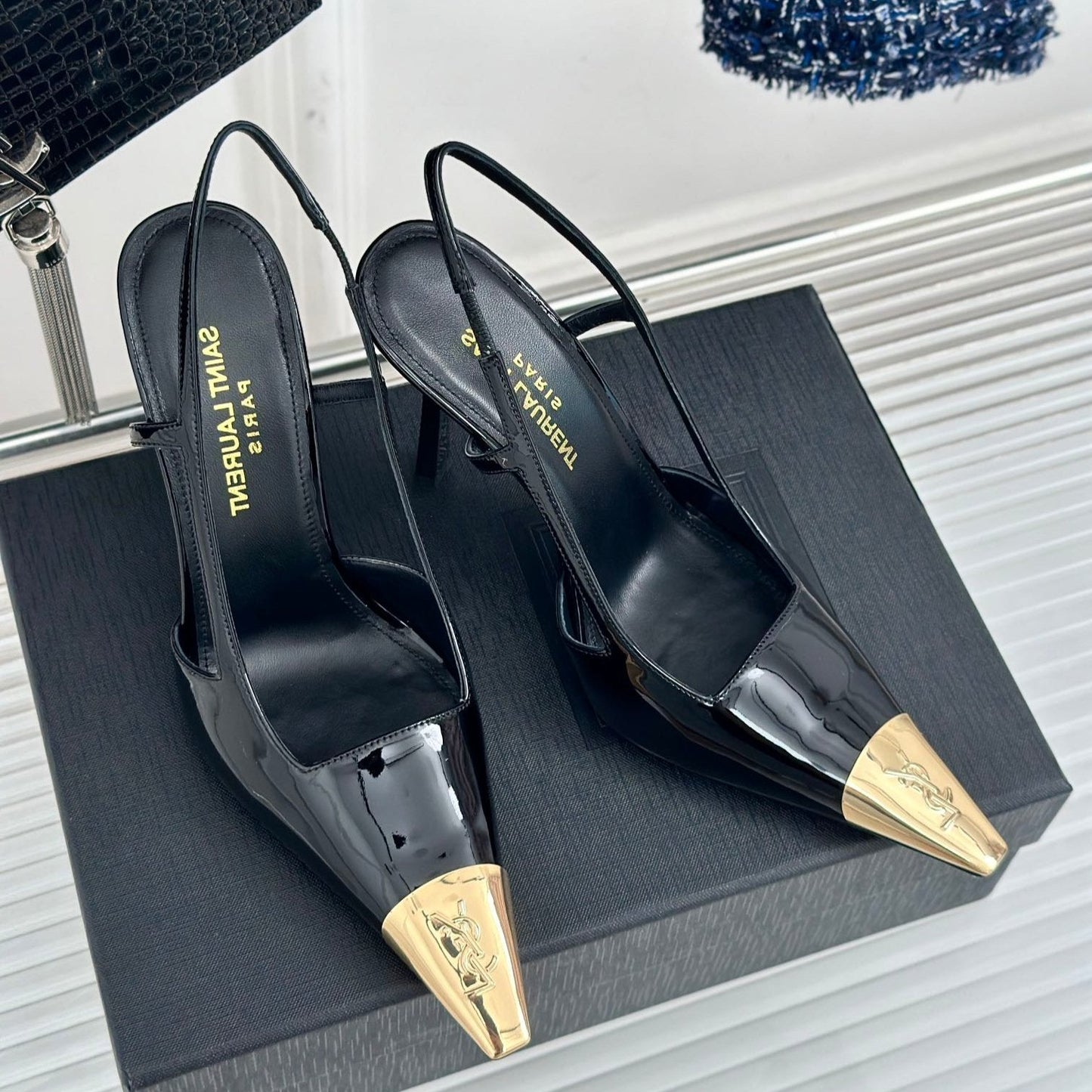 Luxury Saint Laurent SL JEANNE SLINGBACK PUMPS BLACK POLISHED CALFSKIN