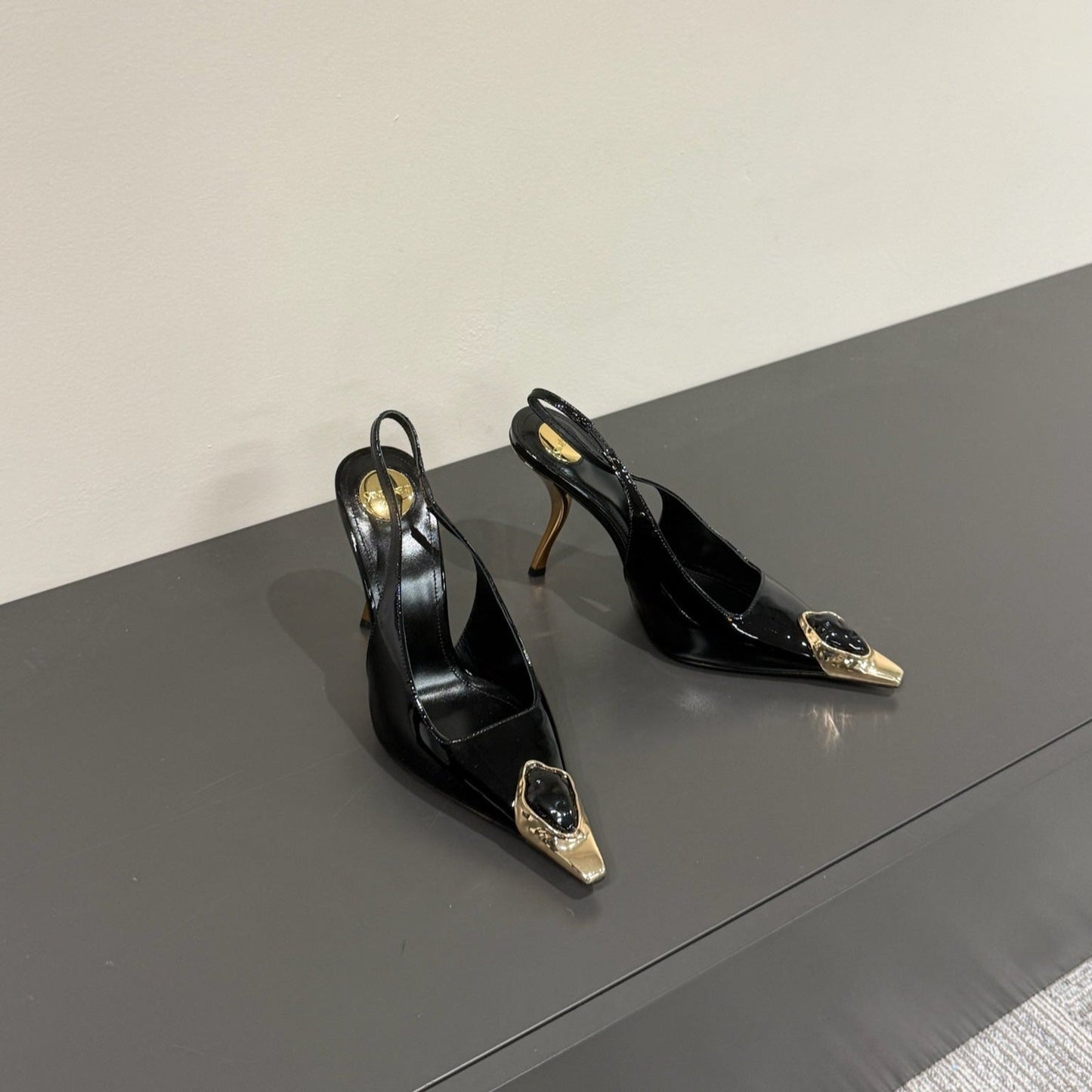 Luxury Saint Laurent BLACK GEM-STUDDED SLINGBACK PUMPS IN BLACK PATENT CALFSKIN