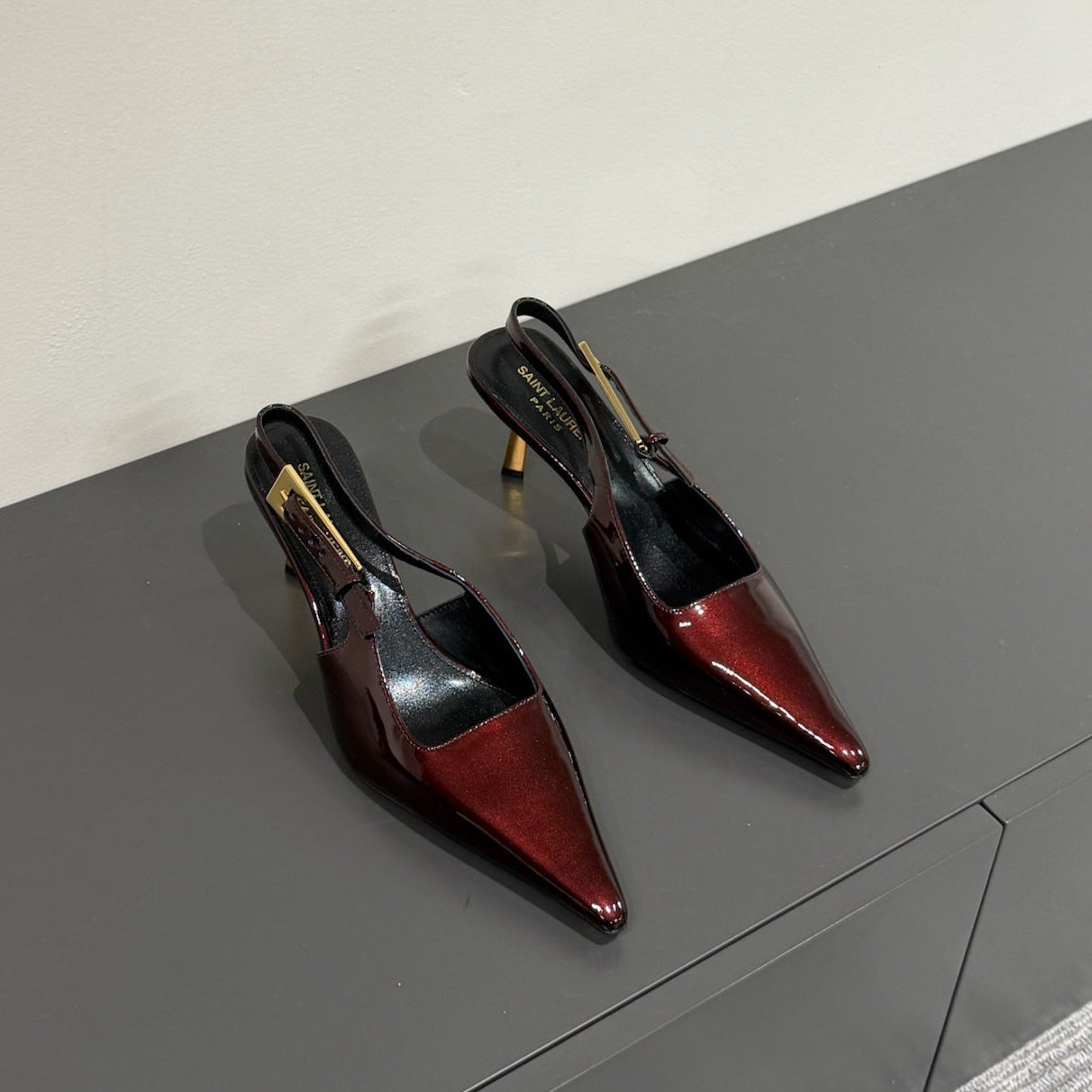 Luxury Saint Laurent LEE SLINGBACK MID PUMPS IN WINE RED SHINY CALFSKIN