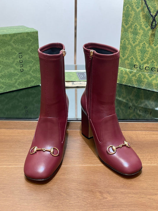 Luxury Gucci GG Horsebit Ankle Boot 95 Burgundy Calfskin