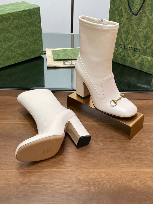 Luxury Gucci GG Horsebit Ankle Boot 95 Cream Calfskin