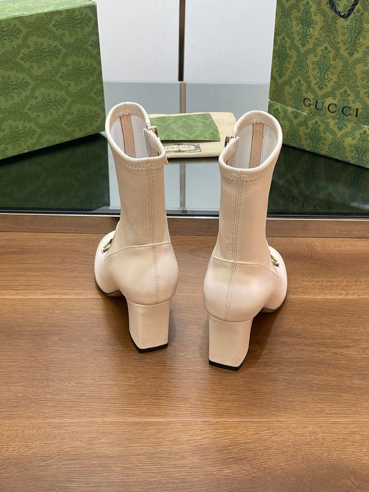 Luxury Gucci GG Horsebit Ankle Boot 65 Cream Calfskin