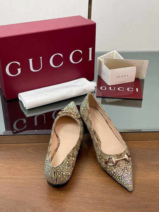 Luxury Gucci GG Horsebit Ballet Flat Beige Ebony Monogram Canvas Crystal-Embellished