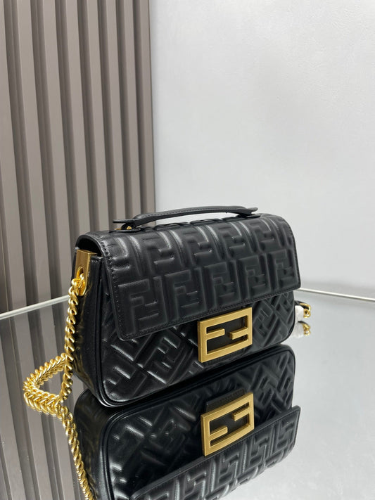 Luxury FendiFend Baguette 24 Bag With FF Motif Black Leather Ghw