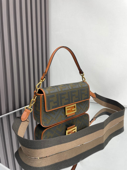 Luxury FendiFend Baguette Green Canvas Bag 27 with FF Embroidery Ghw
