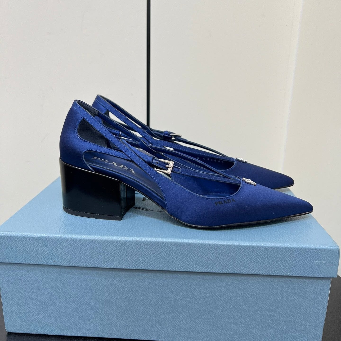 Luxury PradaCUT-OUT PUMPS WITH BEAD BUCKLE IN NAVY BLUE SATIN