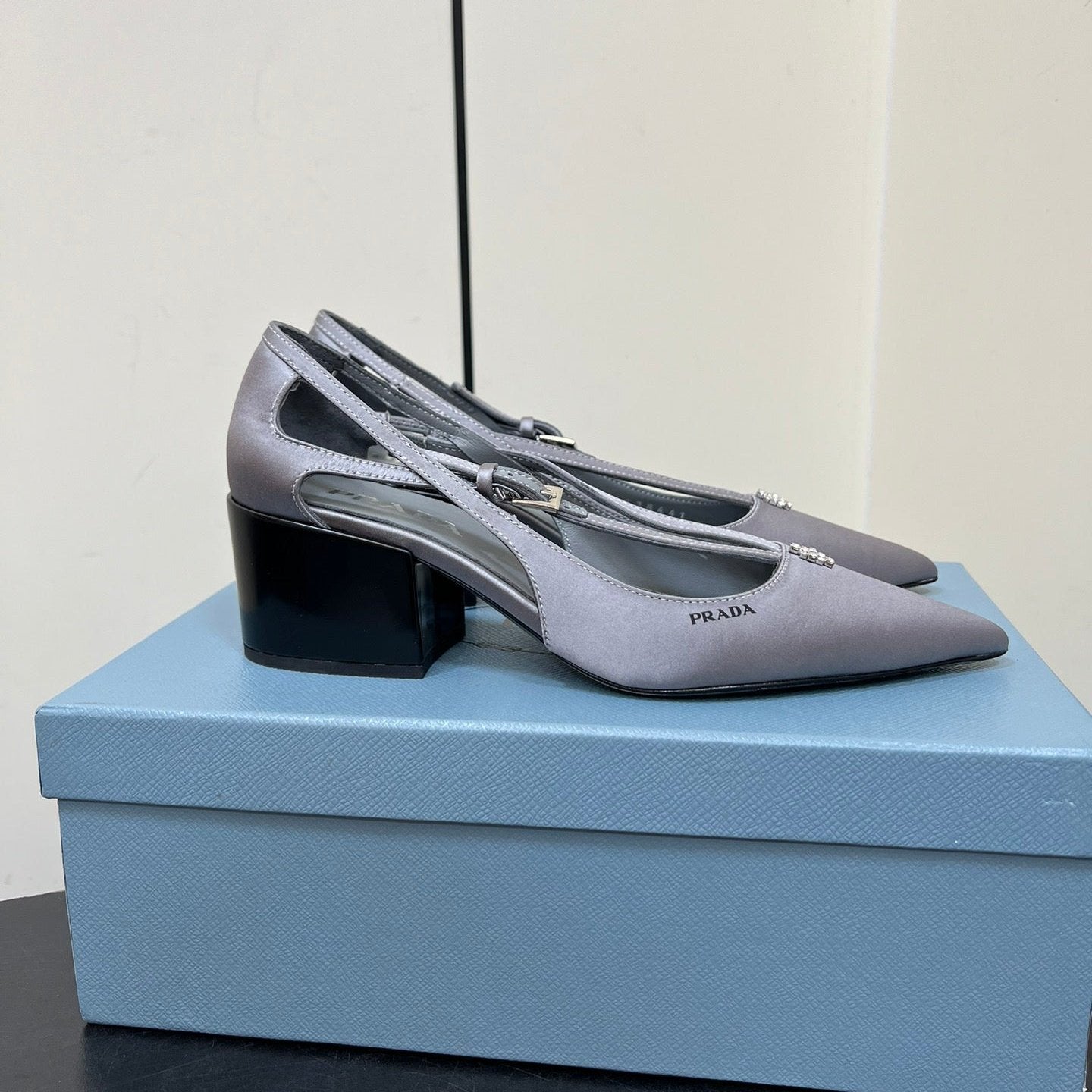Luxury PradaCUT-OUT PUMPS WITH BEAD BUCKLE IN WARM GRAY SATIN