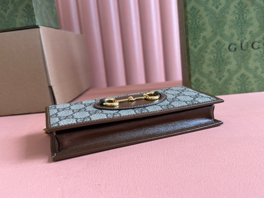Luxury Gucci HORSEBIT 1955 WALLET IN BEIGE EBONY CANVAS MIX BROWN CALFSKIN GOLD CHAIN