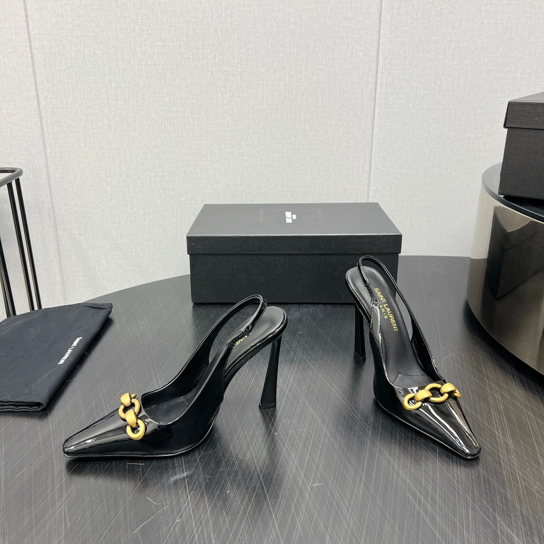 Luxury Saint Laurent GOLD CHAIN ATTACHED HIGH SLINGBACK IN BLACK GLOSSY CALFSKIN