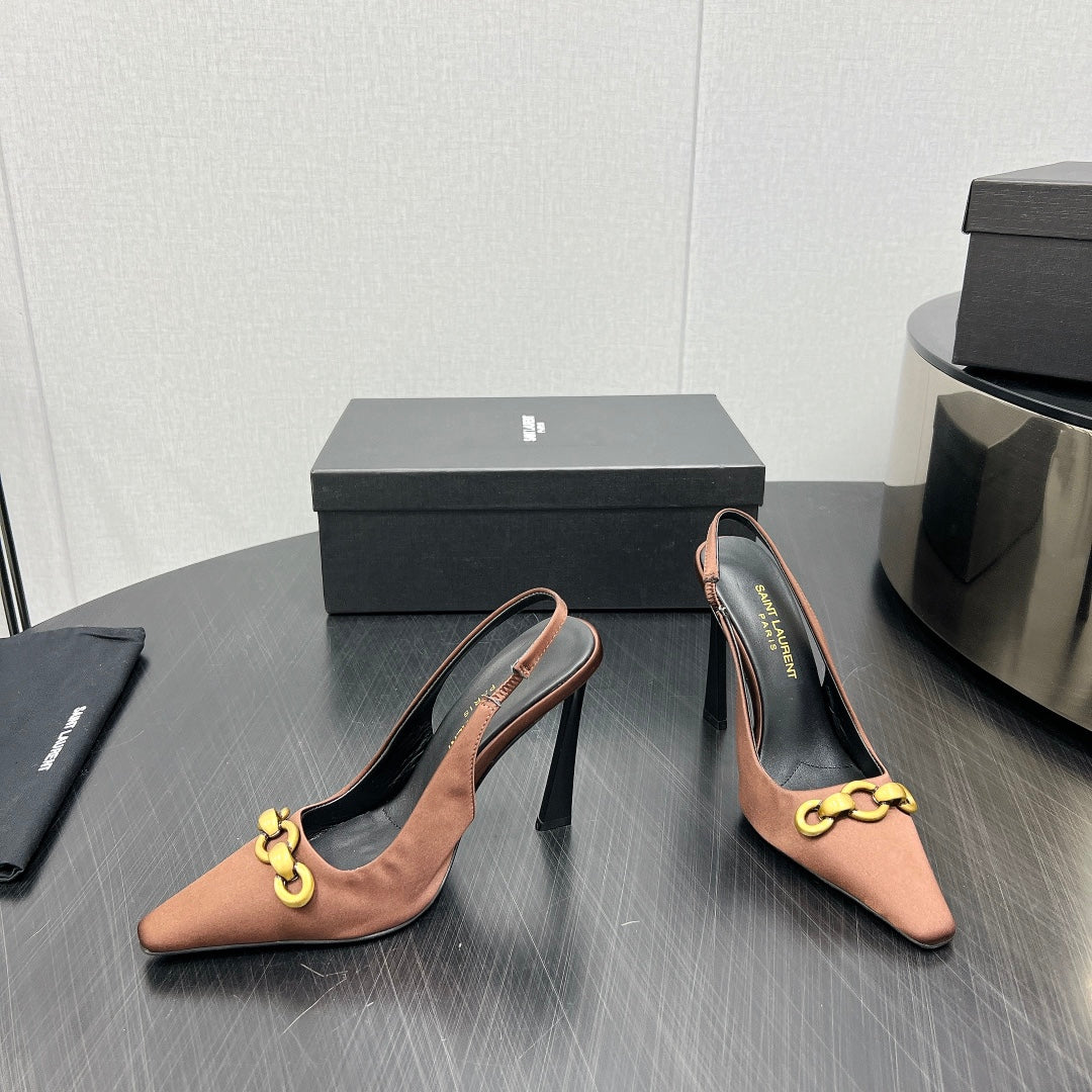 Luxury Saint Laurent GOLD CHAIN ATTACHED HIGH SLINGBACK IN TOFFEE BROWN SILK