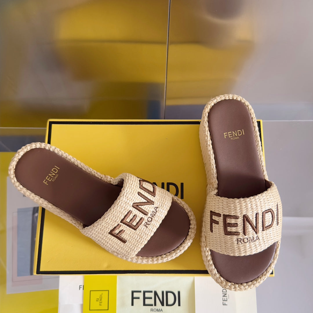 Luxury FendiFF Sunshine 65 Beige Cotton Brown Leather Fibre Flatform Slide