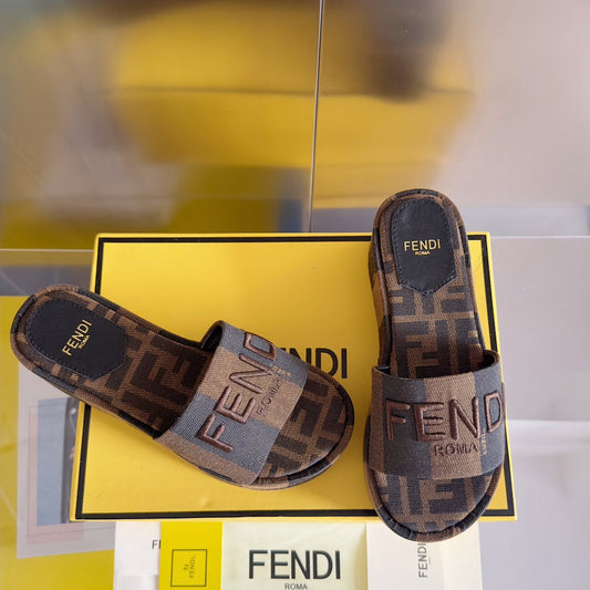Luxury FendiFF Sunshine 65 Black Brown Canvas Flatform Slide