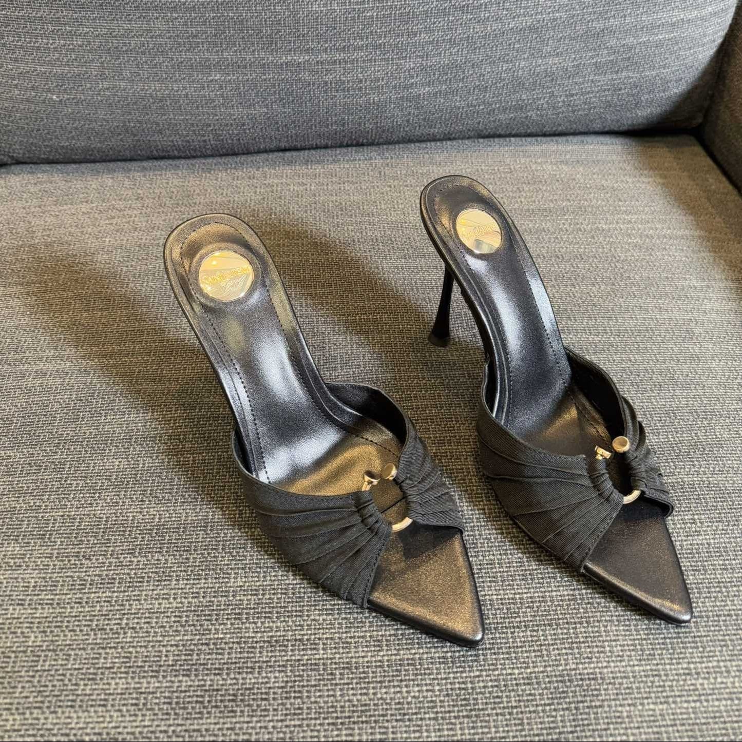 Luxury Saint Laurent LOLA HIGH MULES IN BLACK SMOOTH LAMBSKIN AND DRAPED JERSEY