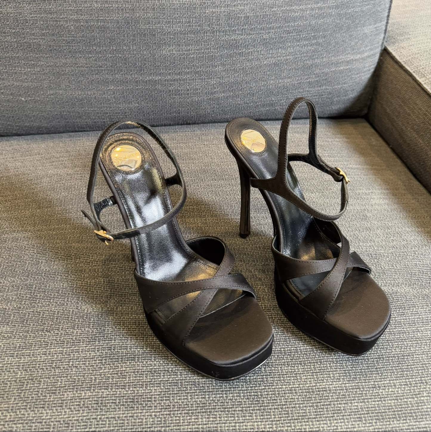Luxury Saint Laurent DEBBIE PLATFORM SANDALS IN BLACK SATIN