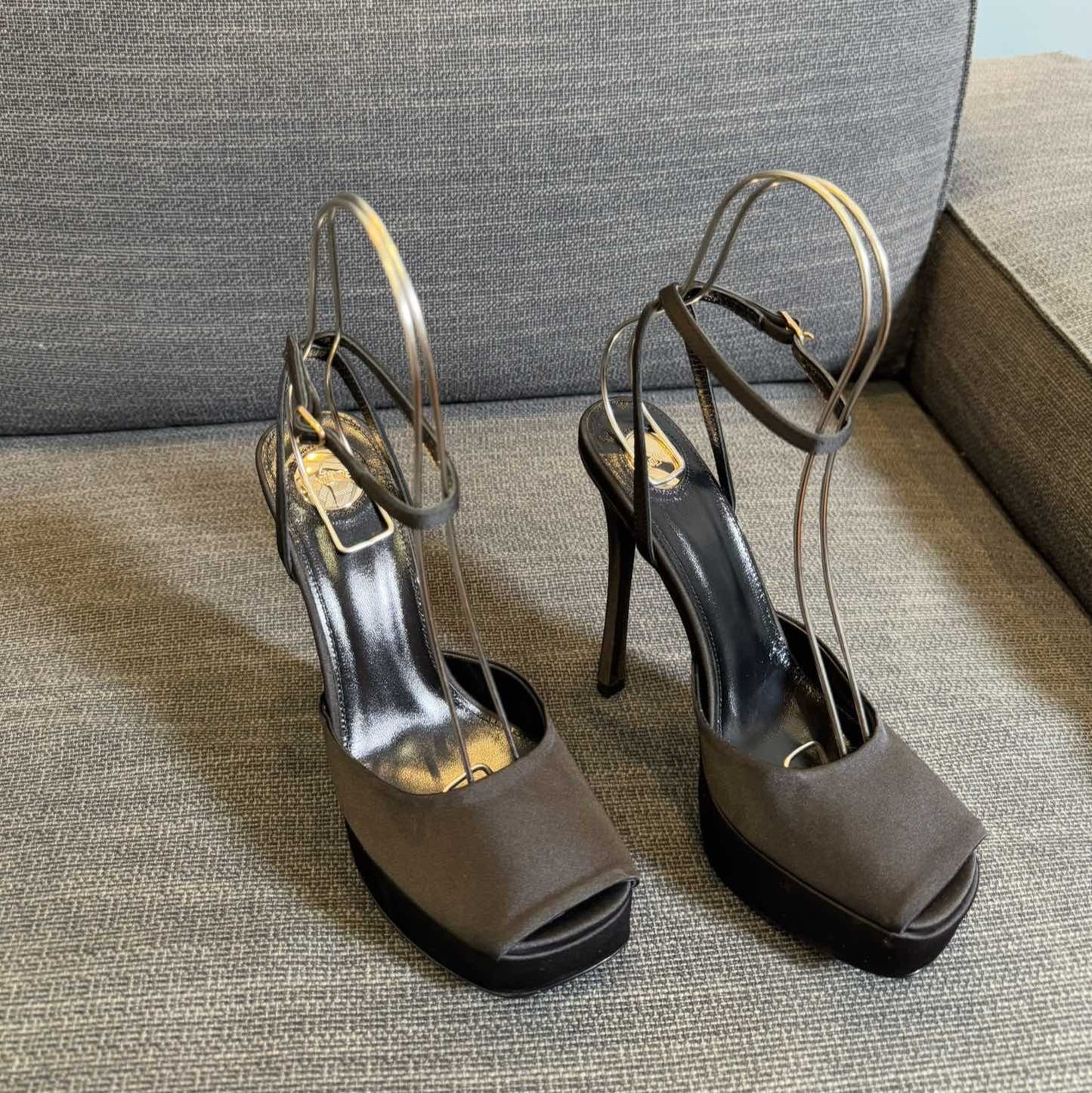 Luxury Saint Laurent LA SCANDALE PLATFORM SANDALS IN TAUPE BROWN SATIN