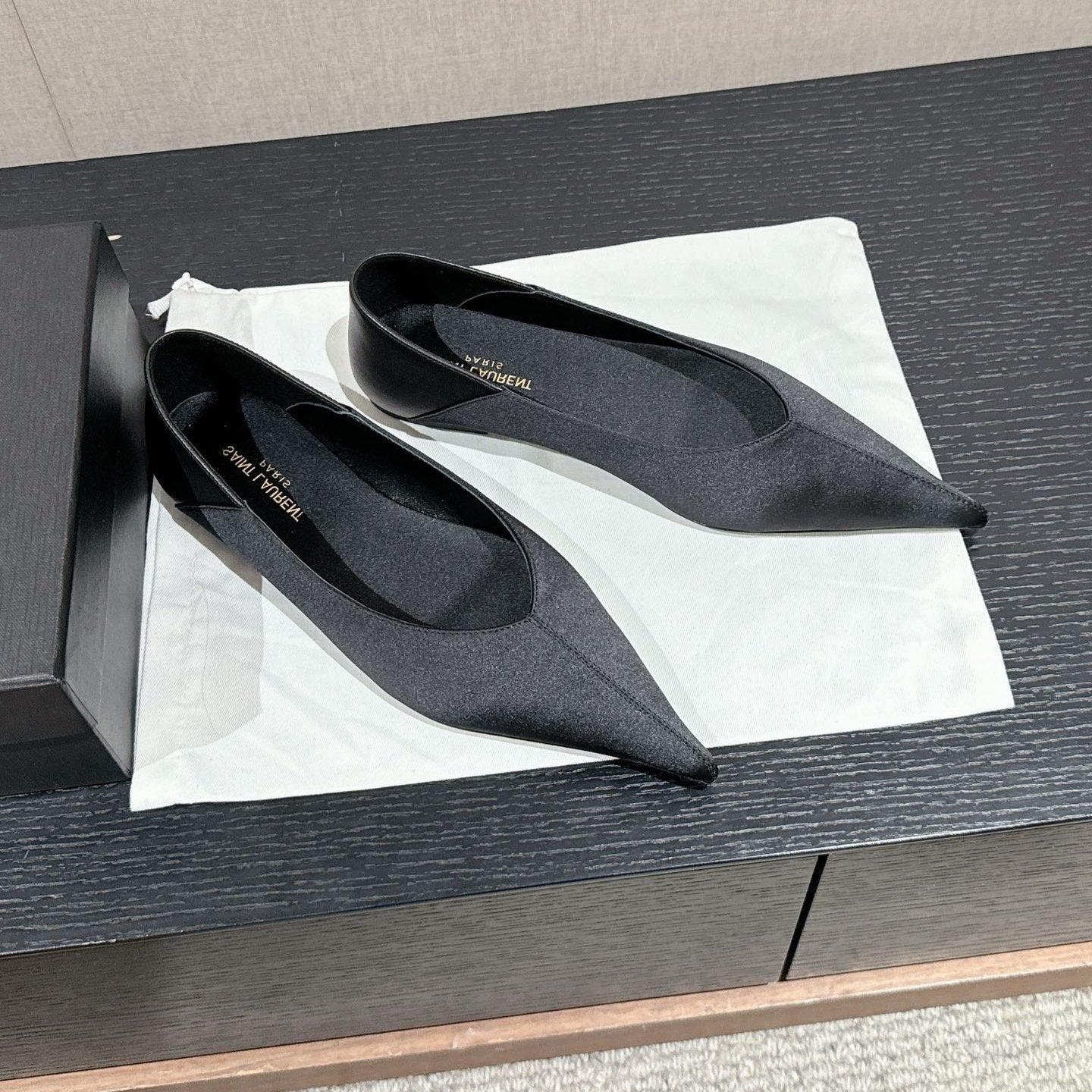 Luxury Saint Laurent SL NOUR POINTED TOE BALLET BLACK SATIN