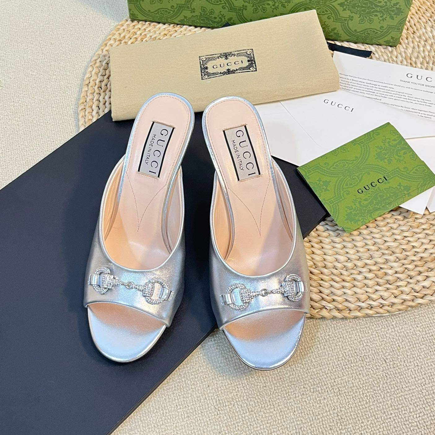 Luxury Gucci GG Women's Horsebit mid-heel slide sandal in Silver