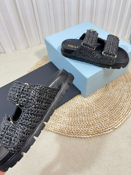 Luxury PradaRaffia Cork Slide 40 Black