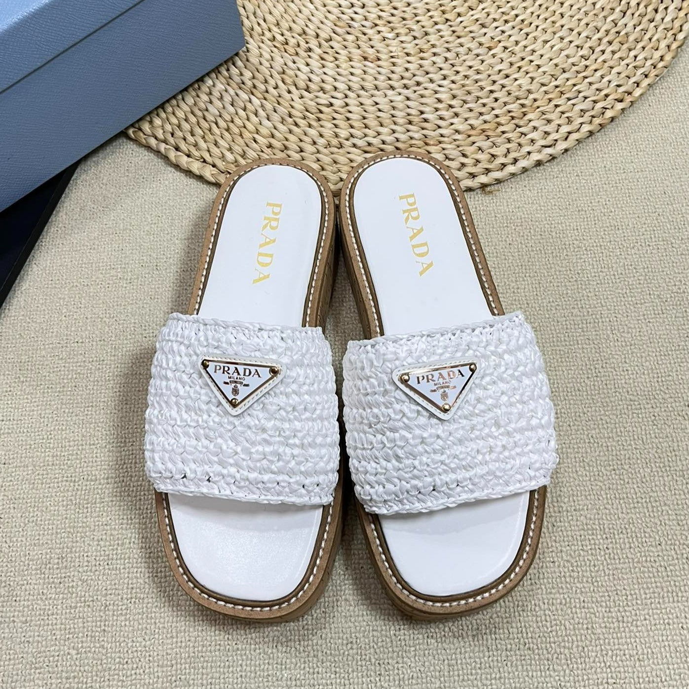 Luxury PradaWEDGE FLATFORM SLIDES WHITE RAFFIA
