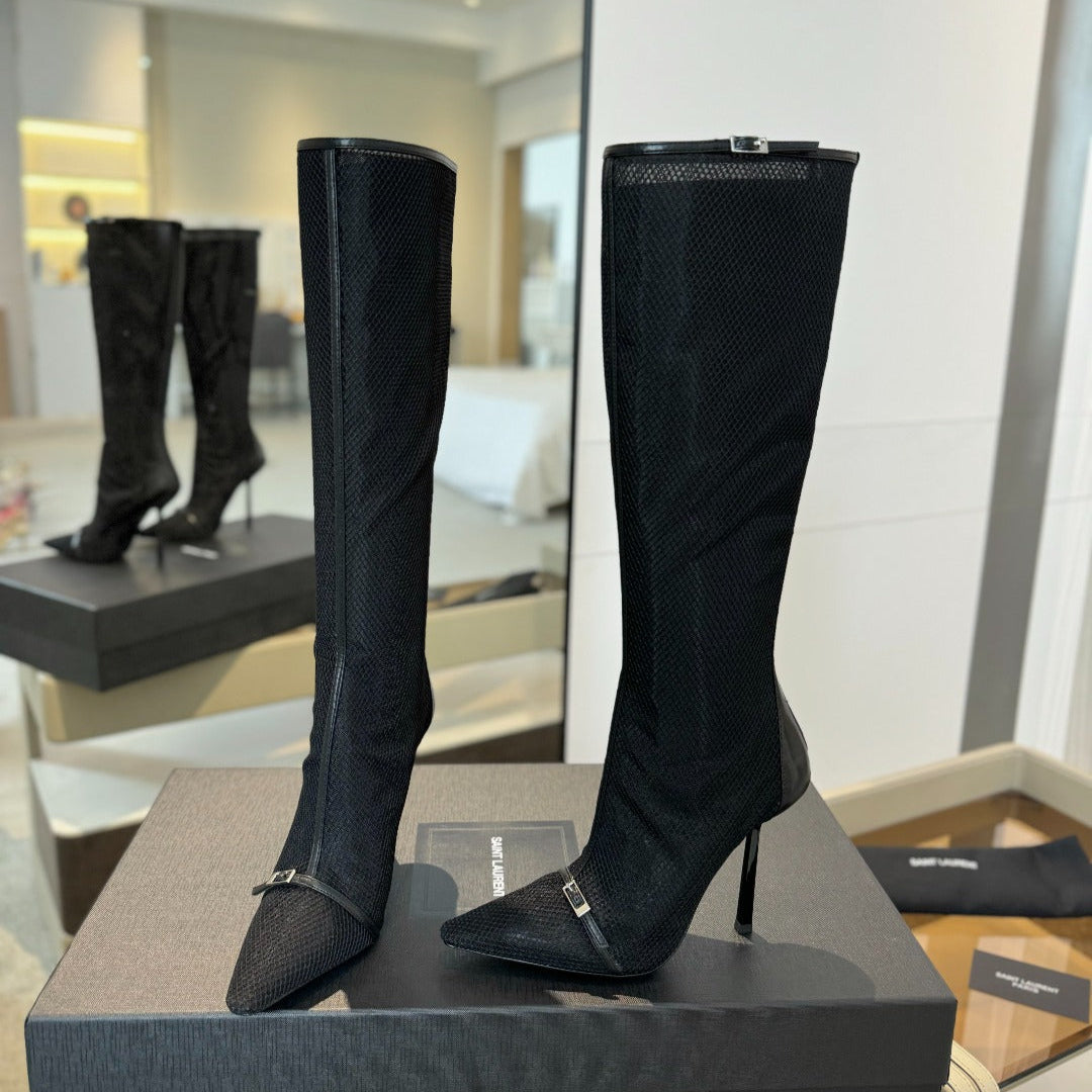 Luxury Saint Laurent HIGH KNEE BOOTS IN BLACK MESH