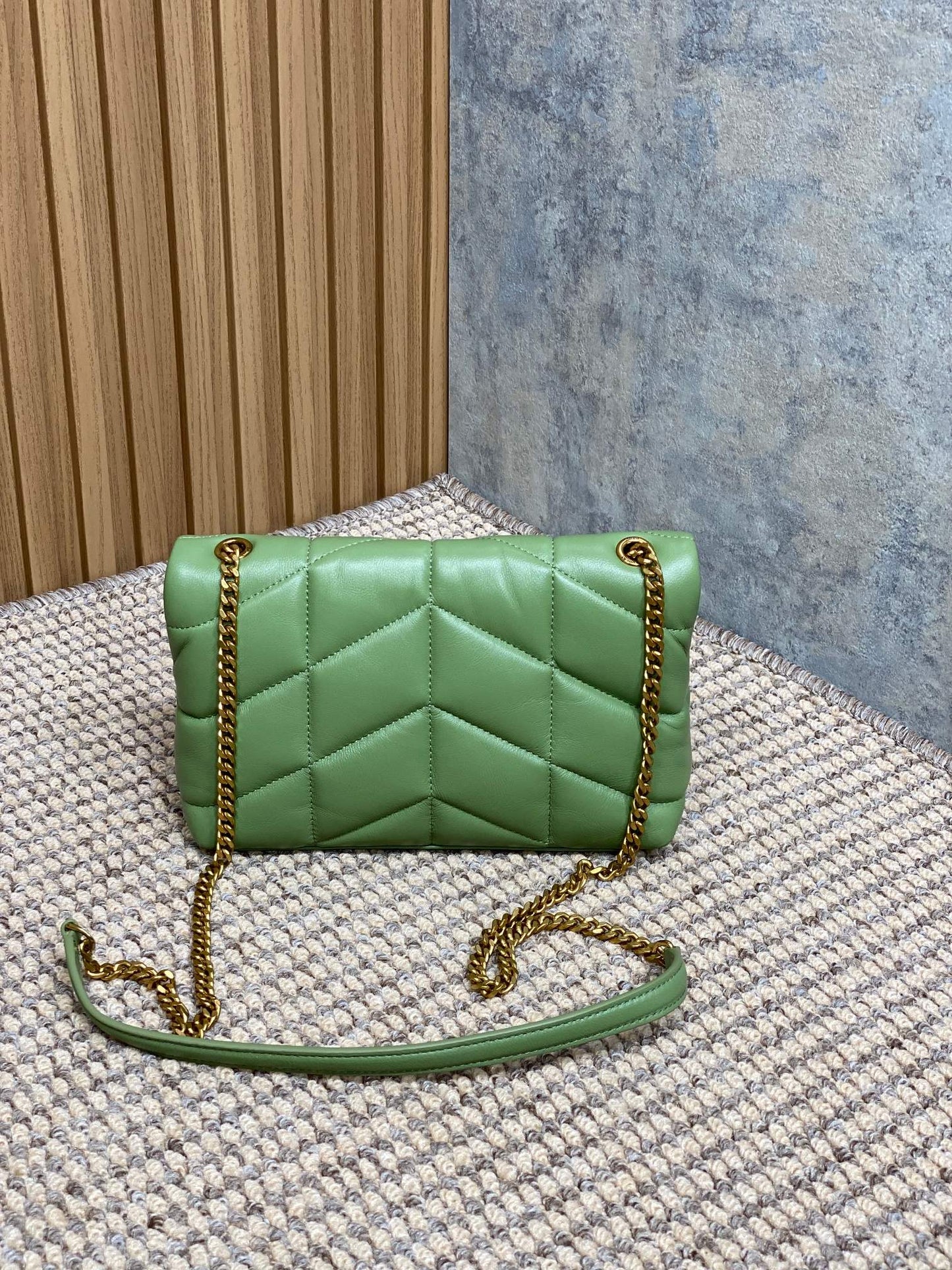 Luxury Saint Laurent PUFFER TOY 23 IN FERN GREEN LAMBSKIN GOLD HARDWARE