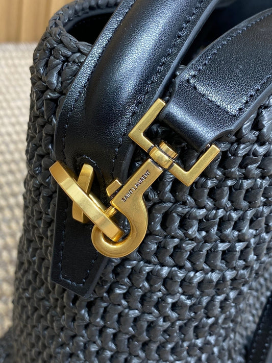 Luxury Saint Laurent le 37 woven raffia 20cm black calfskin