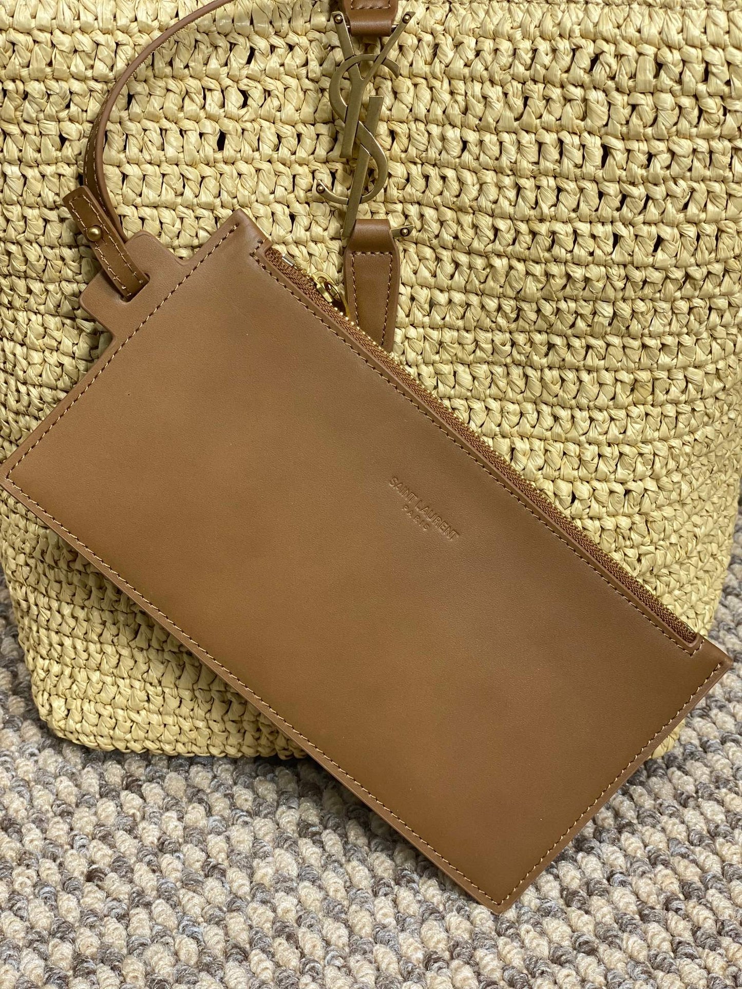 Luxury Saint Laurent le 37 woven raffia 20cm brown calfskin