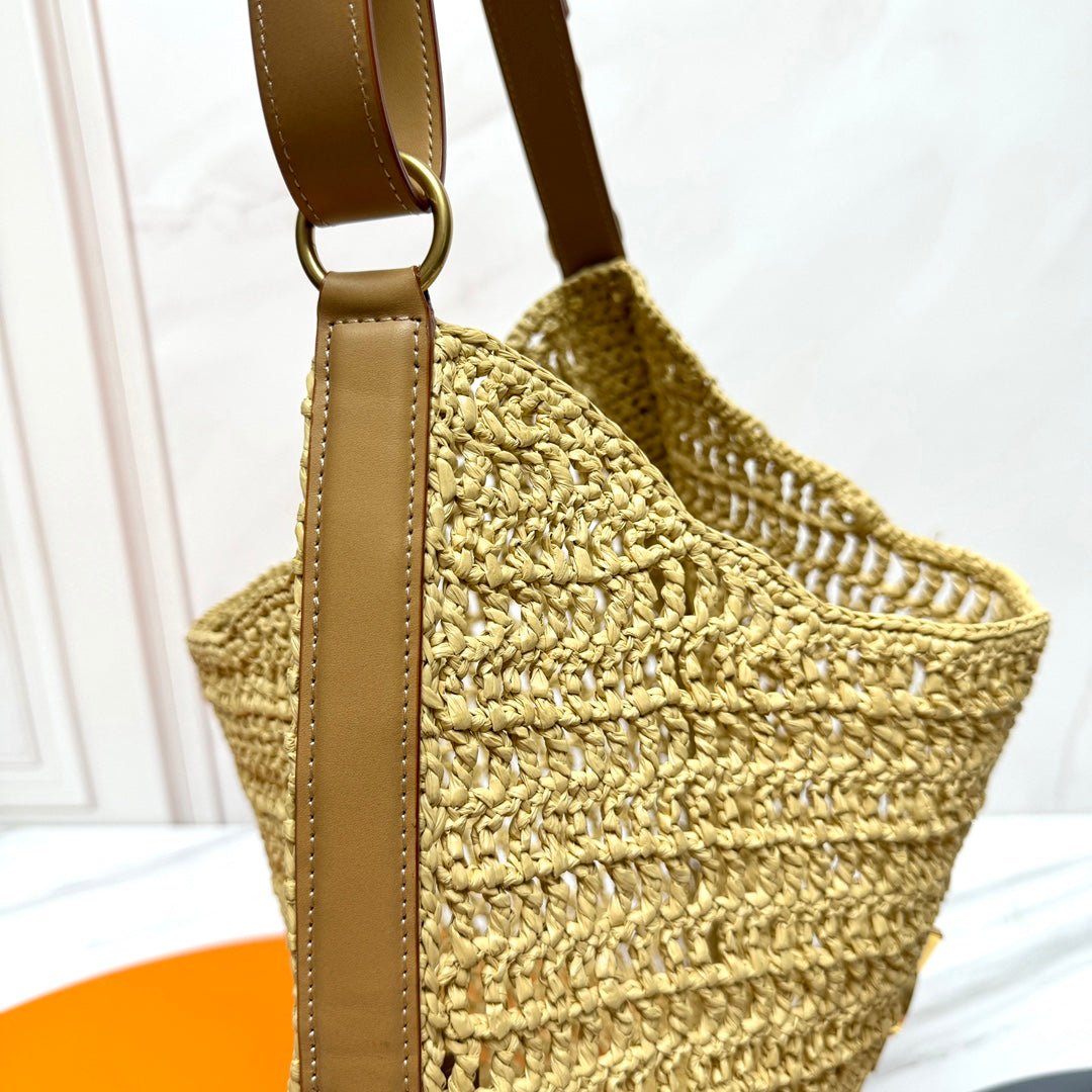 Luxury Saint Laurent YSL OXALIS 37CM BEIGE RAFFIA TAN CALFSKIN