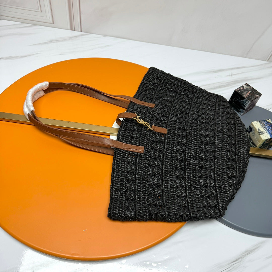 Luxury Saint Laurent YSL PANIER BAG 55CM BLACK CROCHET RAFFIA TAN CALFSKIN