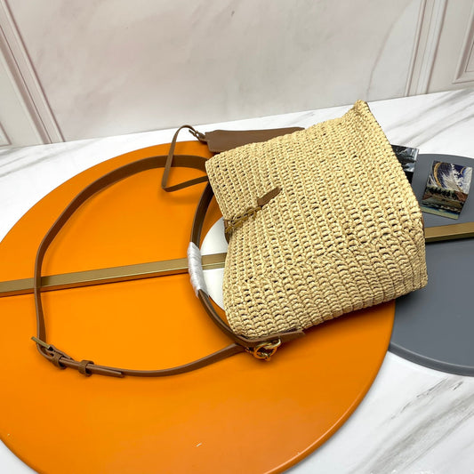 Luxury Saint Laurent YSL LE 37 20CM BEIGE RAFFIA BUCKET BAG